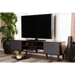 Moina Two-Tone Wood TV Stand For TVs Up To 70" Walnut/Gray - Baxton Studio -Home Furniture Shop-Baxton Studio GUEST 00795c02 77d1 4903 864f ec1352377fa3