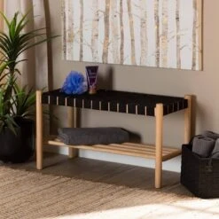 Cadmus Rustic Wood Bench Black/Oak Brown - Baxton Studio