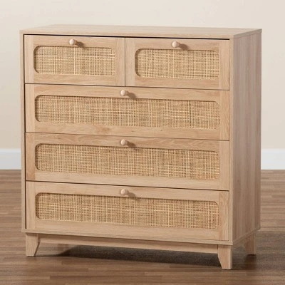 Elsbeth Wood And Natural Rattan 5 Drawer Storage Cabinet Oak Brown/Natural Brown - Baxton Studio 10 Elsbeth Wood And Natural Rattan 5 Drawer Storage Cabinet Oak Brown/Natural Brown - Baxton Studio - Image 8
