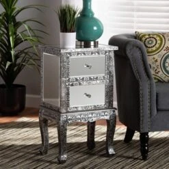 Wycliff Metal And Mirrored Glass 2 Drawer Nightstand Dark Gray/Silver - Baxton Studio