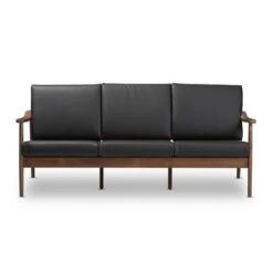 Venza Mid-Modern Walnut Wood Faux Leather 3 Seater Sofa Black - Baxton Studio