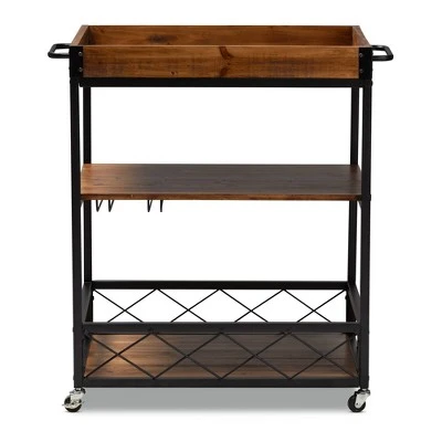 Capri Oak And Finished Mobile Metal Bar Cart With Stemware Rack Brown - Baxton Studio 8 Capri Oak And Finished Mobile Metal Bar Cart With Stemware Rack Brown - Baxton Studio - Image 6