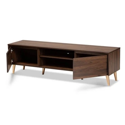Landen Mid-Century Modern Wood TV Stand For TVs Up To 65" Walnut/Gold/Brown - Baxton Studio 3 Landen Mid-Century Modern Wood TV Stand For TVs Up To 65" Walnut/Gold/Brown - Baxton Studio