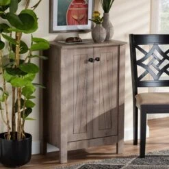 Derek Wood 2 Door Shoe Cabinet-Oak - Baxton Studio -Home Furniture Shop-Baxton Studio GUEST 11f5871a 6423 424b 9b56 b34665fb5c72