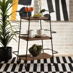 Small Bernard Rustic Industrial Metal And Wood 3 Tier Mobile Wine Bar Cart Black/Walnut - Baxton Studio -Home Furniture Shop-Baxton Studio GUEST 175354b3 ced6 40f9 9c9d 249d0b7b8fa1