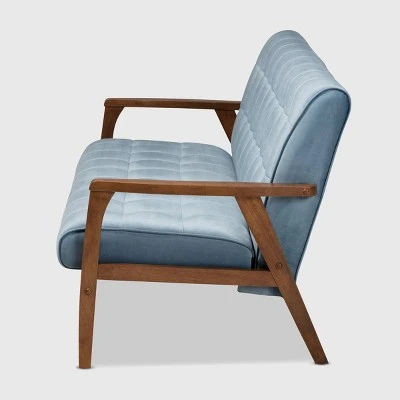 Asta Velvet Upholstered Wood Sofa Light Blue/Walnut - Baxton Studio 4 Asta Velvet Upholstered Wood Sofa Light Blue/Walnut - Baxton Studio - Image 2