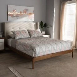 Brooklyn Mid Century Modern Walnut Wood Fabric Upholstered Platform Bed Beige - Baxton Studio 17 Brooklyn Mid Century Modern Walnut Wood Fabric Upholstered Platform Bed Beige - Baxton Studio -Home Furniture Shop-Baxton Studio GUEST 17aa2621 1306 4148 b467 64c966c9216b