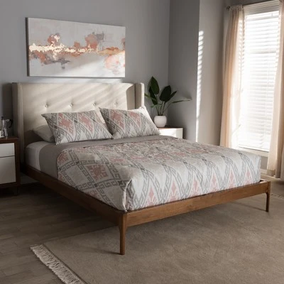 Brooklyn Mid Century Modern Walnut Wood Fabric Upholstered Platform Bed Beige - Baxton Studio 9 Brooklyn Mid Century Modern Walnut Wood Fabric Upholstered Platform Bed Beige - Baxton Studio - Image 7