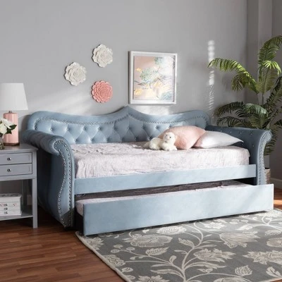 Twin Abbie Velvet Tufted Daybed With Trundle Light Blue - Baxton Studio 11 Twin Abbie Velvet Tufted Daybed With Trundle Light Blue - Baxton Studio - Image 9