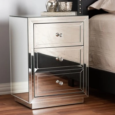 Baxton Studio Lina Mirrored 3 Drawer Nightstand Bedside Table Silver - BaxtonStudio 4 Baxton Studio Lina Mirrored 3 Drawer Nightstand Bedside Table Silver - BaxtonStudio - Image 2