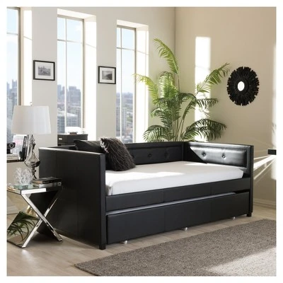 Frank Modern And Contemporary Faux Leather Button - Tufting Sofa Daybed With Roll - Out Trundle Guest Bed - Twin - Baxton Studio 7 Frank Modern And Contemporary Faux Leather Button - Tufting Sofa Daybed With Roll - Out Trundle Guest Bed - Twin - Baxton Studio - Image 5