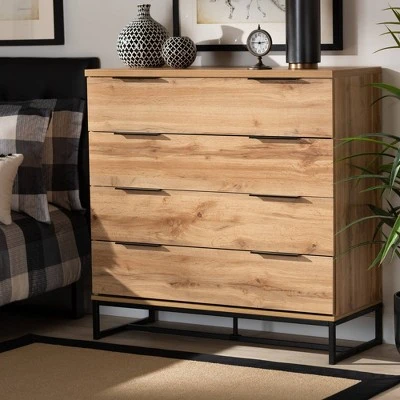 Reid Wood And Metal 4 Drawer Dresser Oak/Black - Baxton Studio 8 Reid Wood And Metal 4 Drawer Dresser Oak/Black - Baxton Studio - Image 6