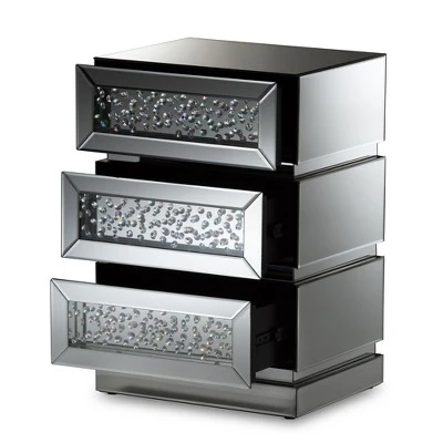Sabrina Hollywood Regency Glamour Style Mirrored 3 - Drawer Nightstand - Baxton Studio 3 Sabrina Hollywood Regency Glamour Style Mirrored 3 - Drawer Nightstand - Baxton Studio