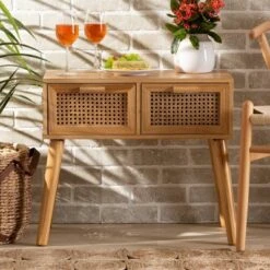 Falan Wood With Rattan 2 Drawer Console Table Oak Brown - Baxton Studio -Home Furniture Shop-Baxton Studio GUEST 1fe67803 1a54 429a b5ea 60c9404abc1b