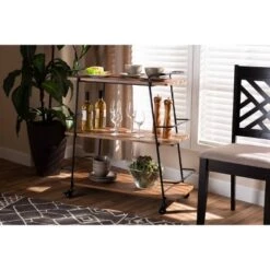 3 Tier Bernard Industrial Metal And Wood Mobile Wine Bar Cart Black/Walnut - Baxton Studio -Home Furniture Shop-Baxton Studio GUEST 21e303c4 a68d 409f 9423 7faa5d2755e8