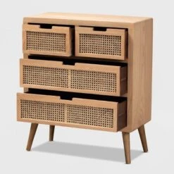 Alina Wood And Rattan 4 Drawer Accent Chest Oak - Baxton Studio