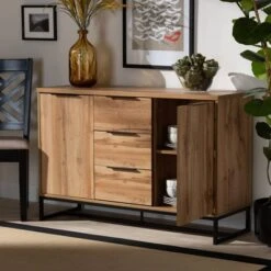 Reid Wood & Metal 3 Drawer Sideboard Buffet Oak/Black - Baxton Studio -Home Furniture Shop-Baxton Studio GUEST 24cf6c2a 0d25 4173 a84a 1755069b614c