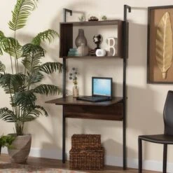 Fariat Walnut Wood And Metal Display Shelf With Desk Brown/Black - Baxton Studio -Home Furniture Shop-Baxton Studio GUEST 24f06928 c3f6 472c 9a9f 3b1eaefd83e1