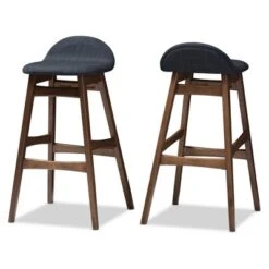 2pc 30" Fabric Upholstered Wood Finishing Barstool Dark Blue - Baxton Studio