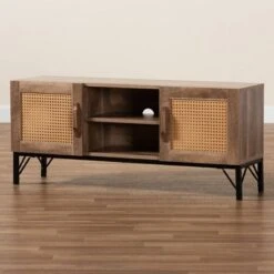 Veanna Bohemian Natural Wood And Metal 2 Door Synthetic Rattan TV Stand For TVs Up To 40" Brown/Black - Baxton Studio -Home Furniture Shop-Baxton Studio GUEST 2c3170d0 5ea6 46ac baa5 a54ed0060d52