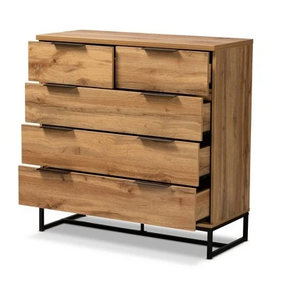 Franklin Wood And Metal 5 Drawer Bedroom Chest Oak/Black - Baxton Studio 3 Franklin Wood And Metal 5 Drawer Bedroom Chest Oak/Black - Baxton Studio