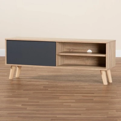 Mallory Two-Toned Oak Wood TV Stand For TVs Up To 55" Oak/Gray - Baxton Studio 8 Mallory Two-Toned Oak Wood TV Stand For TVs Up To 55" Oak/Gray - Baxton Studio - Image 6