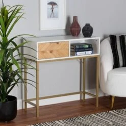 Giona Two-Tone Wood And Metal 1 Drawer Console Table White/Gold - Baxton Studio