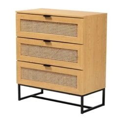 Sawyer Wood And Metal 3 Drawer Storage Cabinet With Natural Rattan Oak Brown/Black - Baxton Studio