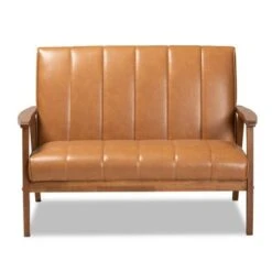 Nikko Mid-Century Faux Leather Upholstered Wood Loveseat Walnut/Brown - Baxton Studio