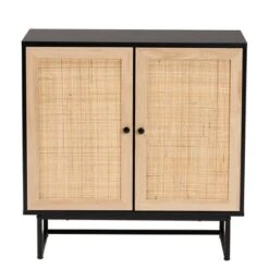 Declan Wood And Natural Rattan 2 Door Storage Cabinet Espresso Brown/Black - Baxton Studio
