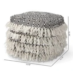 Alian Handwoven Wool Tassel Moroccan Inspired Pouf Ottoman Black/Ivory - Baxton Studio