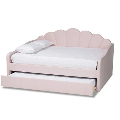 Queen Timila Velvet Fabric Upholstered Daybed With Trundle Light Pink - Baxton Studio 4 Queen Timila Velvet Fabric Upholstered Daybed With Trundle Light Pink - Baxton Studio - Image 2