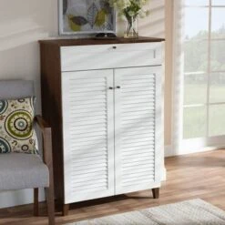 Coolidge 5 Shelf Wood Shoe Cabinet With Drawer White/Walnut - Baxton Studio -Home Furniture Shop-Baxton Studio GUEST 3e34a19d 2580 44f5 8852 fe0bba150d6b