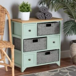 Valtina Two-Tone Wood 3 Drawer Storage Unit With Baskets Oak Brown/Gray/Mint Green - Baxton Studio -Home Furniture Shop-Baxton Studio GUEST 407c217c fdd8 435a 811c c18edf4365b7