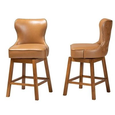 2pc Gradisca Faux Leather And Wood Swivel Counter Stool Set Tan/Walnut Brown - Baxton Studio 3 2pc Gradisca Faux Leather And Wood Swivel Counter Stool Set Tan/Walnut Brown - Baxton Studio