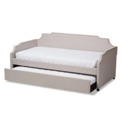 Twin Ally Fabric Upholstered Sofa Daybed With Roll Out Trundle Guest Bed Beige - Baxton Studio