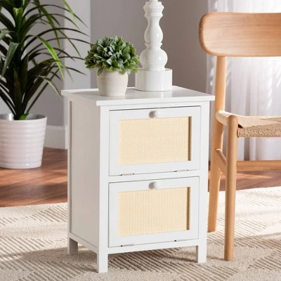 Sariah Wood Rattan 2 Door Nightstand White - Baxton Studio 3 Sariah Wood Rattan 2 Door Nightstand White - Baxton Studio