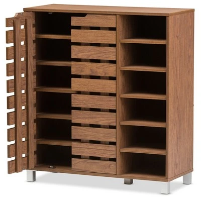 Shirley Modern And Contemporary 2 - Door Shoe Cabinet With Open Shelves - Walnut Brown - Baxton Studio 4 Shirley Modern And Contemporary 2 - Door Shoe Cabinet With Open Shelves - Walnut Brown - Baxton Studio - Image 2