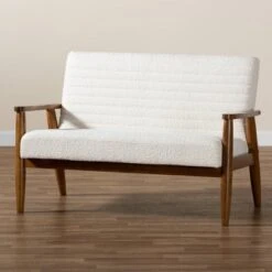 Stratton Boucle Fabric And Wood Loveseat White/Walnut Brown - Baxton Studio -Home Furniture Shop-Baxton Studio GUEST 47499fc0 ee25 42fb a516 645437dc2fb5