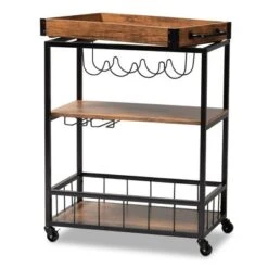 Cerne Oak And Finished Mobile Metal Bar Cart With Wine Bottle Rack Brown - Baxton Studio