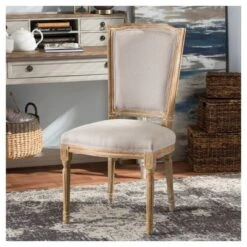 Cadencia French Vintage Cottage Weathered Oak Wood Finish And Fabric Upholstered Dining Side Chair - Beige - Baxton Studio -Home Furniture Shop-Baxton Studio GUEST 492c24d6 3c54 46cf 9e99 b5dba70858fe
