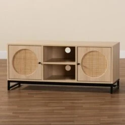 Ardon Bohemian Wood And Metal 2 Door Natural Rattan TV Stand For TVs Up To 40" Light Brown/Black - Baxton Studio -Home Furniture Shop-Baxton Studio GUEST 4a478c04 ed1c 4bc3 91bf ac12b05e69cf