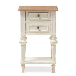 Marquetterie French Provincial Style Weathered Oak Wash Distressed Wood Finish Two - Tone 2 - Drawer And 1 - Shelf Nightstand - White - Baxton Studio