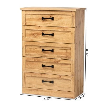 Colburn Wood 5 Drawer Tallboy Storage Chest Oak Brown - Baxton Studio 8 Colburn Wood 5 Drawer Tallboy Storage Chest Oak Brown - Baxton Studio - Image 6