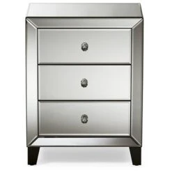 Chevron Modern And Contemporary Hollywood Regency Glamour Style Mirrored 3 - Drawers Nightstand Bedside Table - Baxton Studio