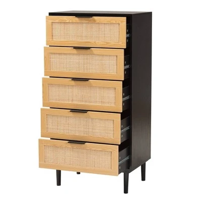 Maureen Wood And Rattan 5 Drawer Storage Chest Espresso/Natural Brown - Baxton Studio 4 Maureen Wood And Rattan 5 Drawer Storage Chest Espresso/Natural Brown - Baxton Studio - Image 2