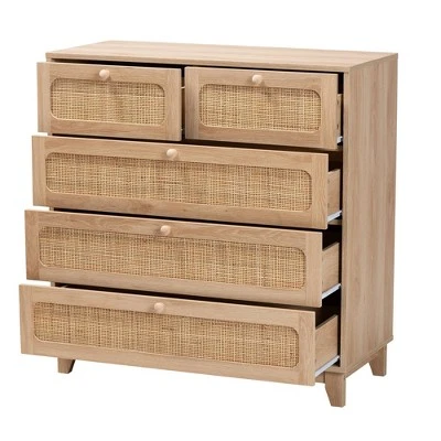 Elsbeth Wood And Natural Rattan 5 Drawer Storage Cabinet Oak Brown/Natural Brown - Baxton Studio 4 Elsbeth Wood And Natural Rattan 5 Drawer Storage Cabinet Oak Brown/Natural Brown - Baxton Studio - Image 2