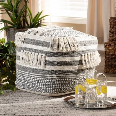 Kirby Handwoven Moroccan Inspired Pouf Ottoman Gray/Ivory - Baxton Studio 4 Kirby Handwoven Moroccan Inspired Pouf Ottoman Gray/Ivory - Baxton Studio - Image 2