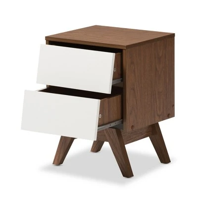 Hildon Mid - Century Modern Wood 2 - Drawer Storage Nightstand - White, "Walnut" Brown - Baxton Studio 3 Hildon Mid - Century Modern Wood 2 - Drawer Storage Nightstand - White, "Walnut" Brown - Baxton Studio