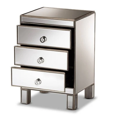 Ewan Mirrored 3 Drawer Nightstand Silver - Baxton Studio 3 Ewan Mirrored 3 Drawer Nightstand Silver - Baxton Studio